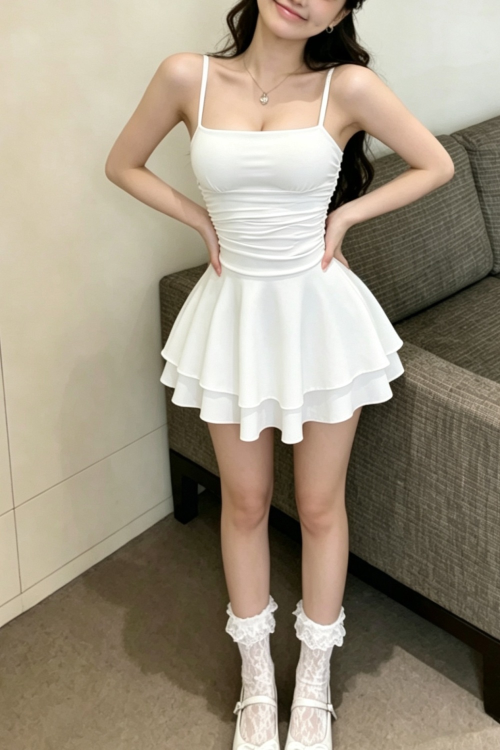 Enticement simple sexy big skirt white sling slim dress