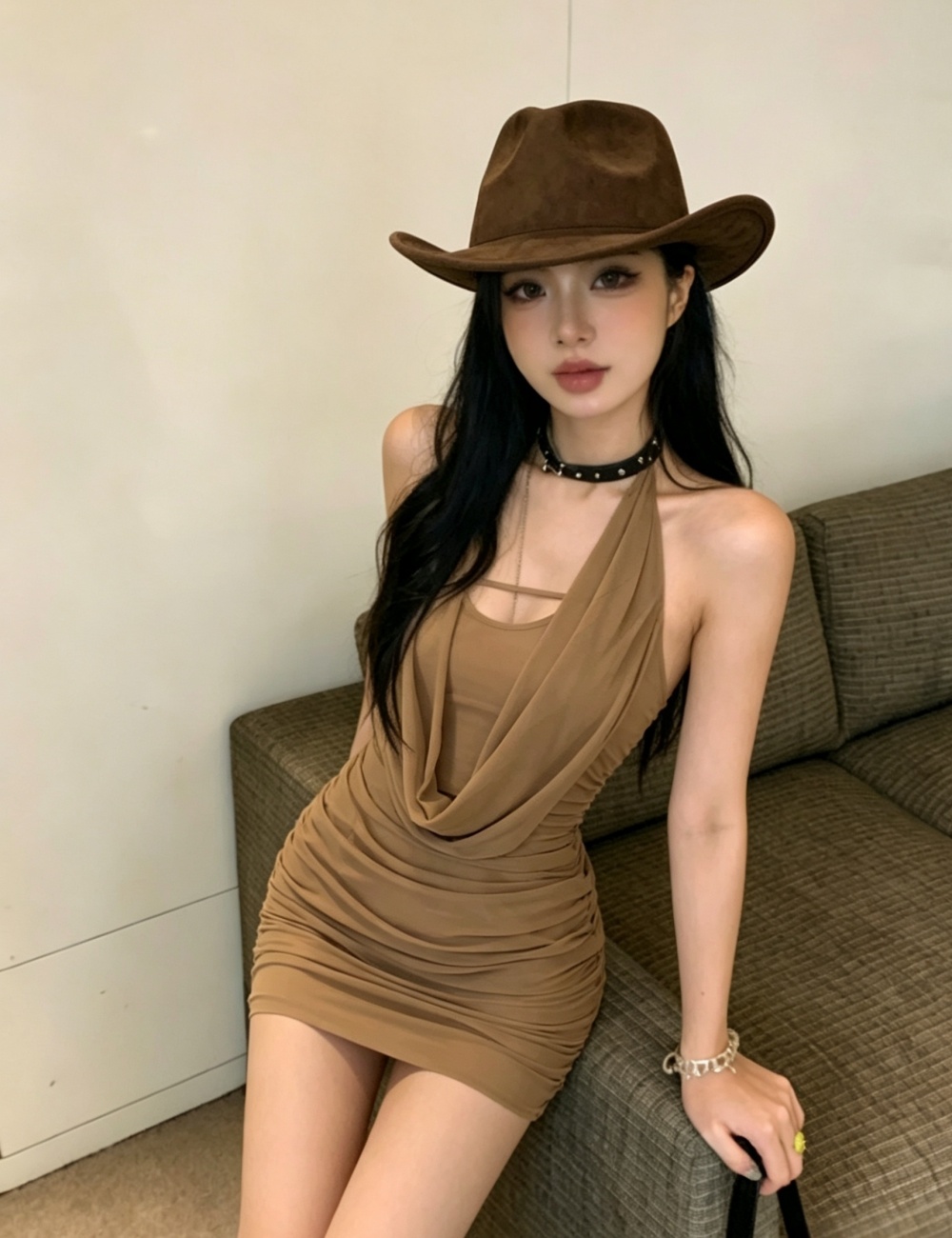 Double package hip sexy halter gauze dress for women