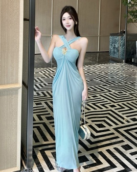 Vacation France style dress blue long dress