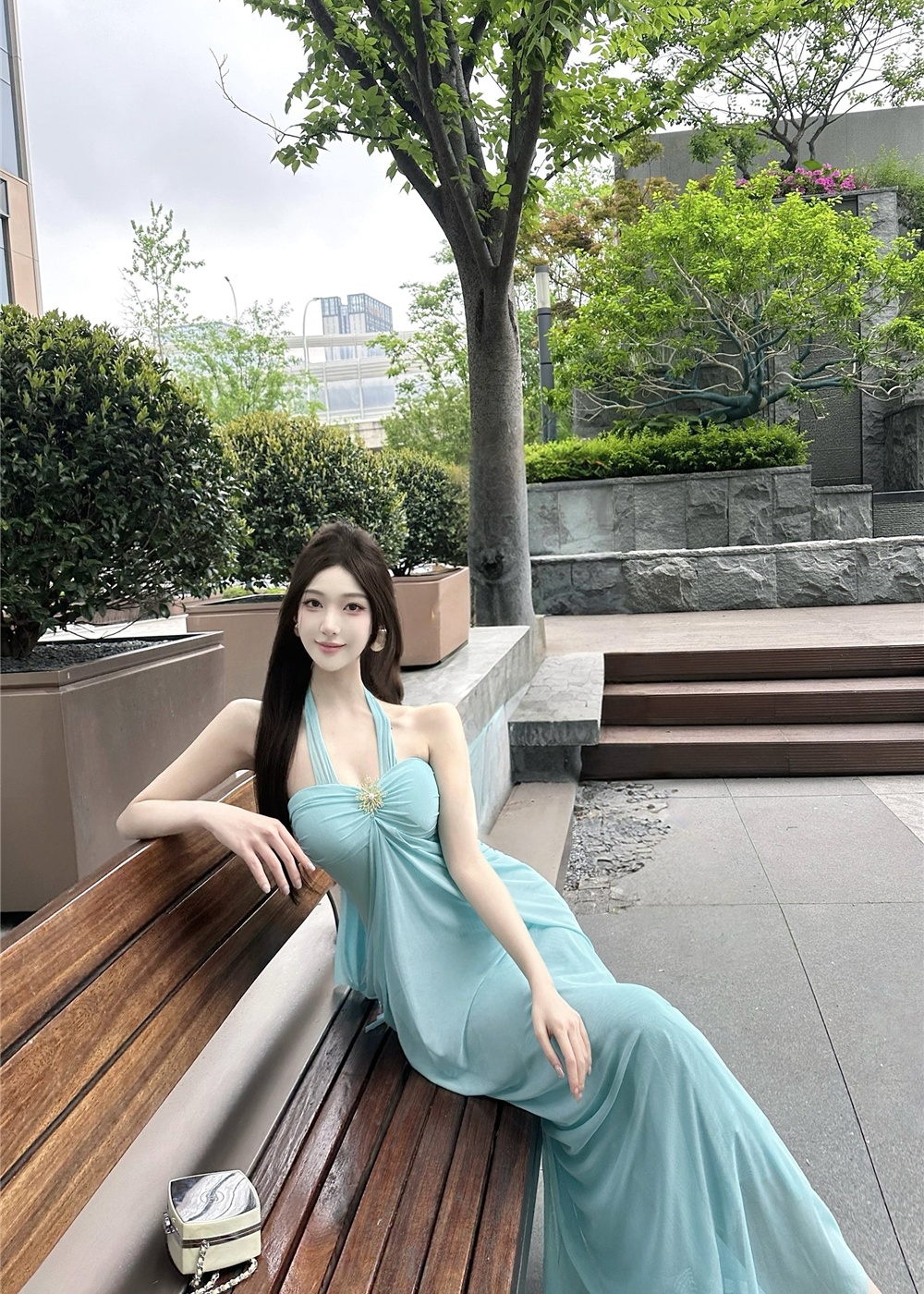 Vacation France style dress blue long dress