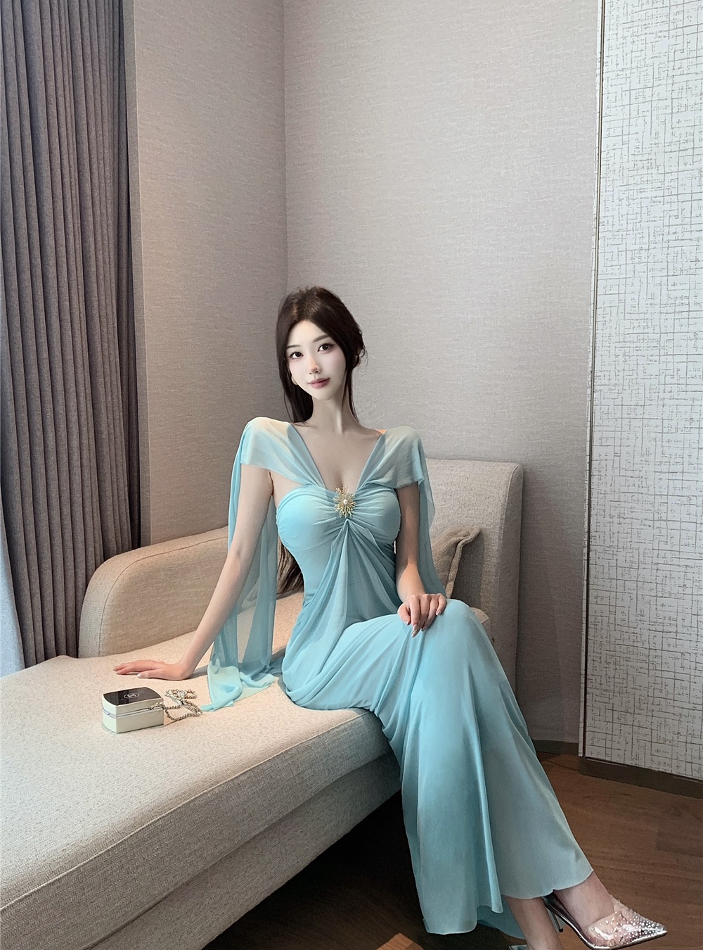 Vacation France style dress blue long dress