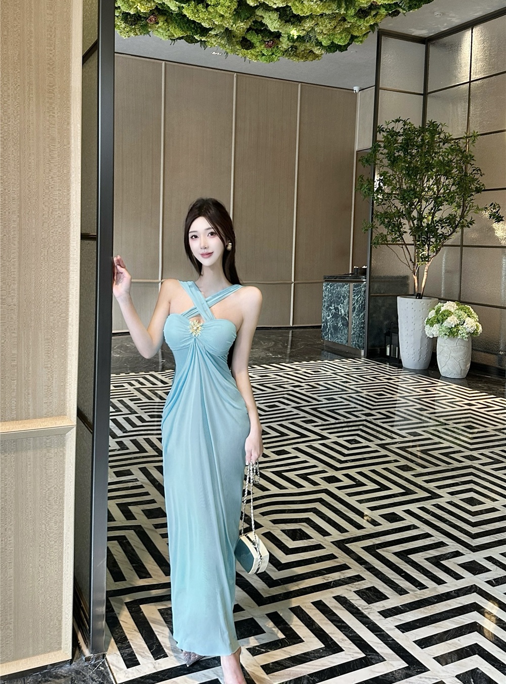 Vacation France style dress blue long dress