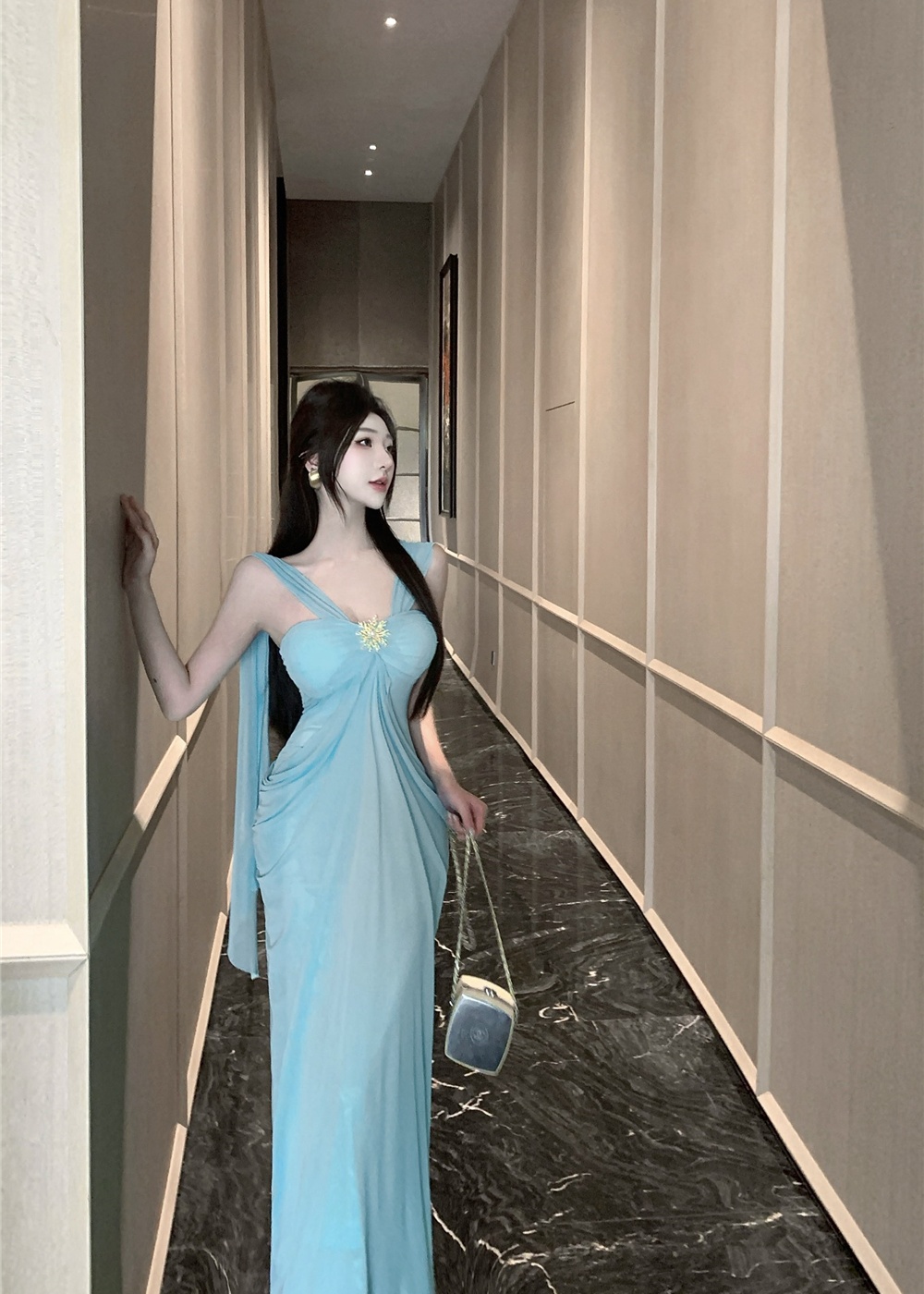 Vacation France style dress blue long dress