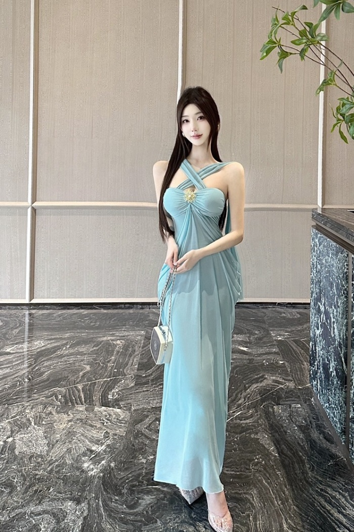Vacation France style dress blue long dress