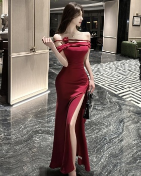 Summer flat shoulder sexy evening dress banquet split long dress