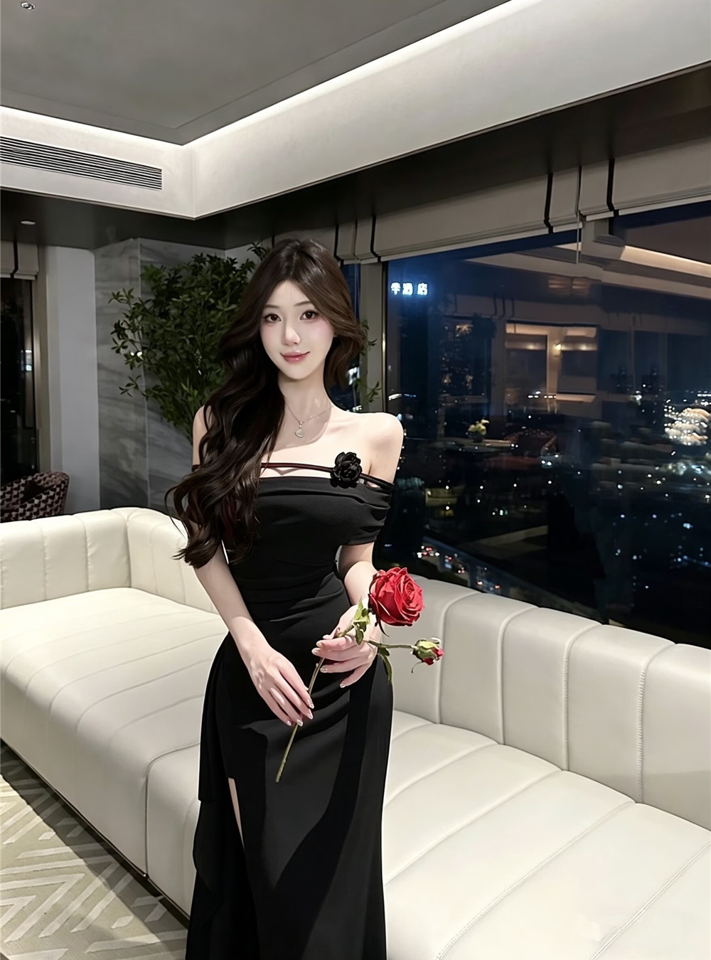 Summer flat shoulder sexy evening dress banquet split long dress