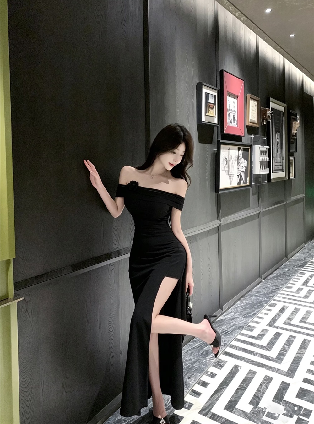 Summer flat shoulder sexy evening dress banquet split long dress