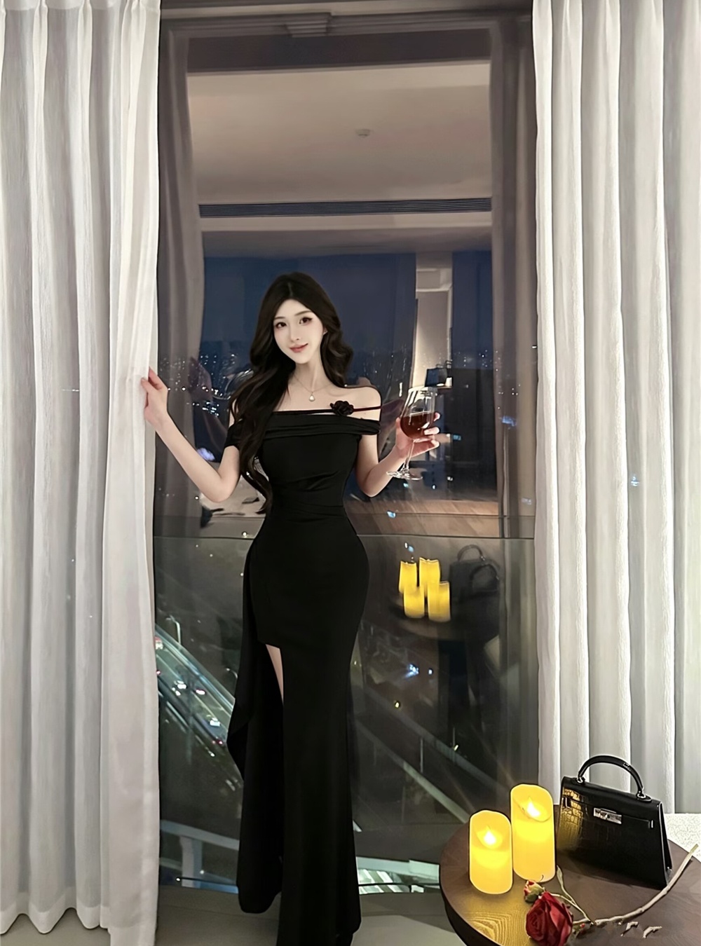Summer flat shoulder sexy evening dress banquet split long dress