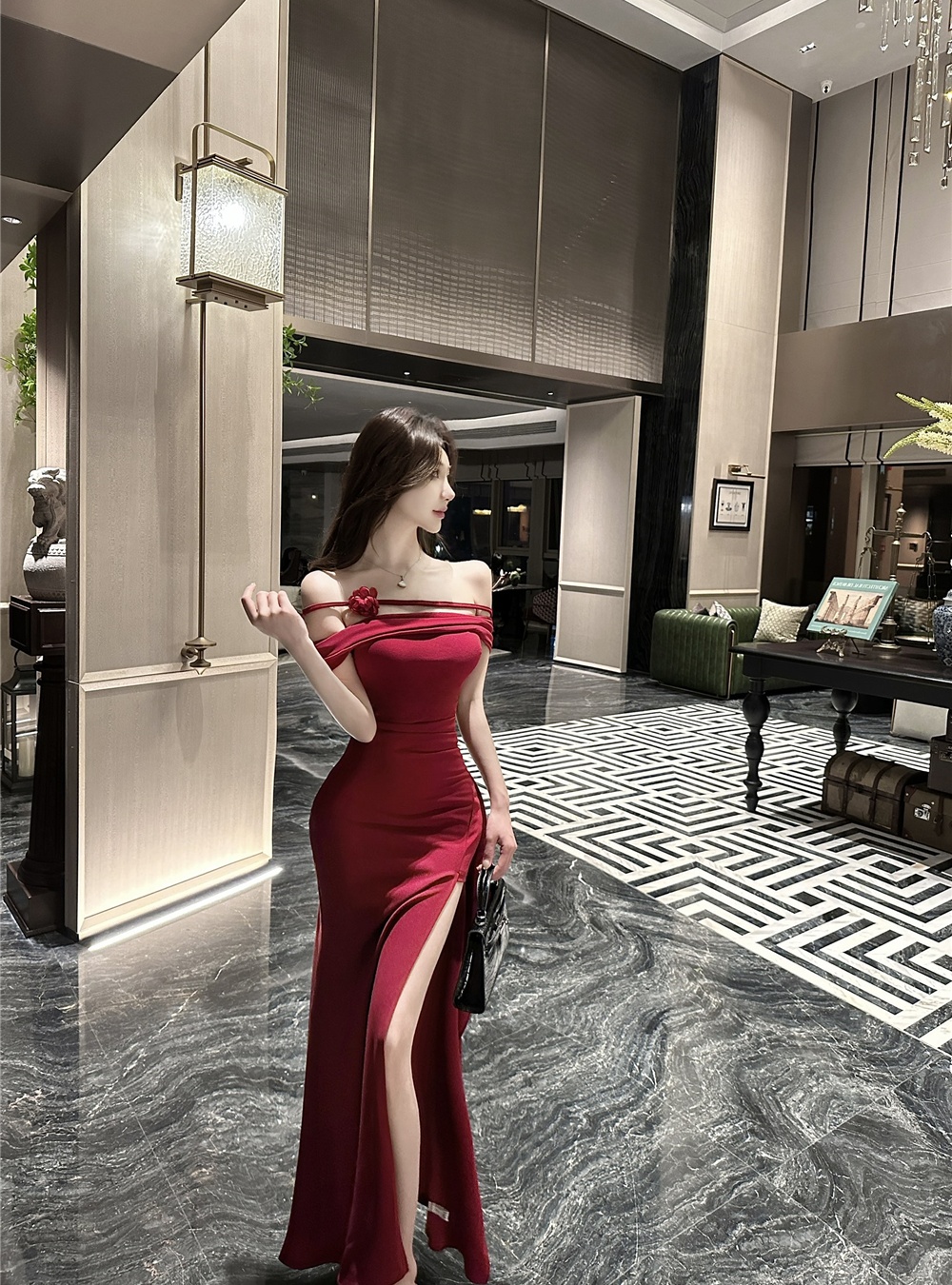 Summer flat shoulder sexy evening dress banquet split long dress