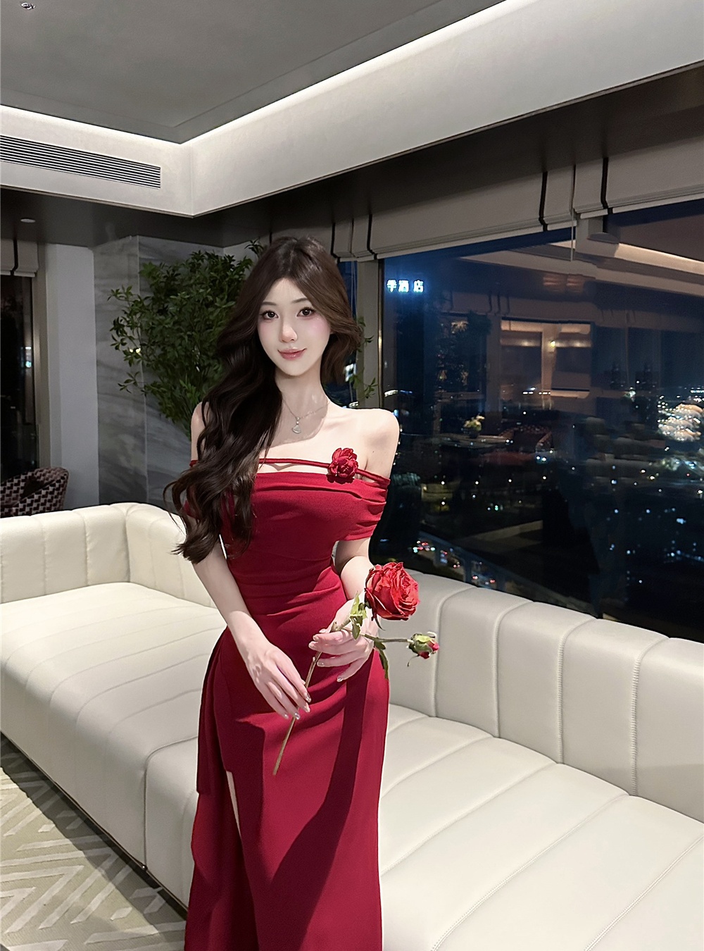 Summer flat shoulder sexy evening dress banquet split long dress