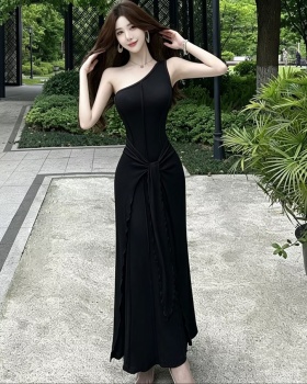 Temperament sloping shoulder vest Pseudo-two package hip dress
