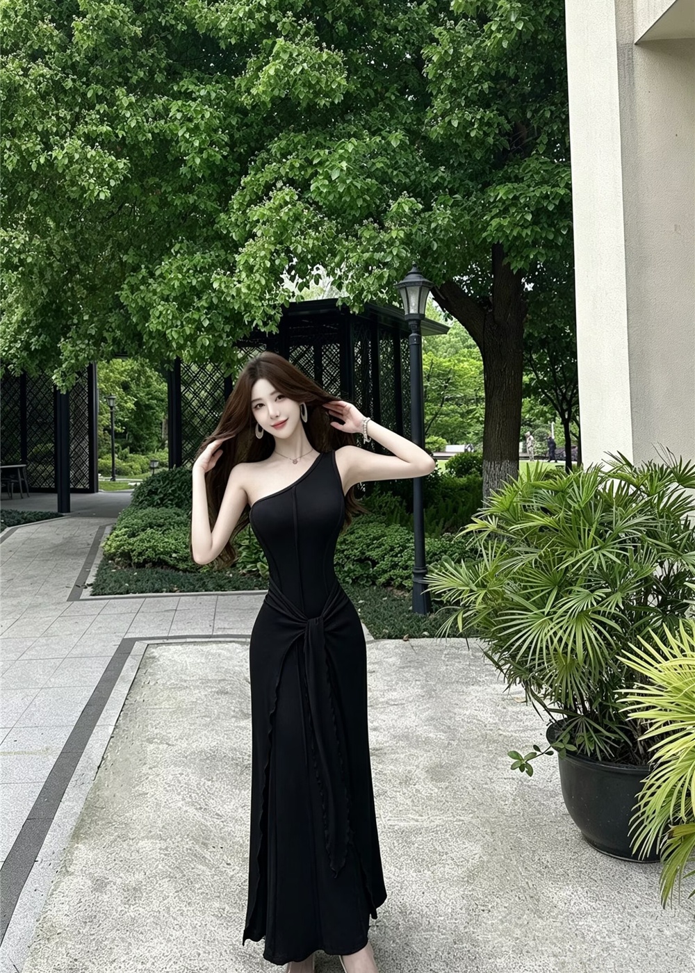 Temperament sloping shoulder vest Pseudo-two package hip dress