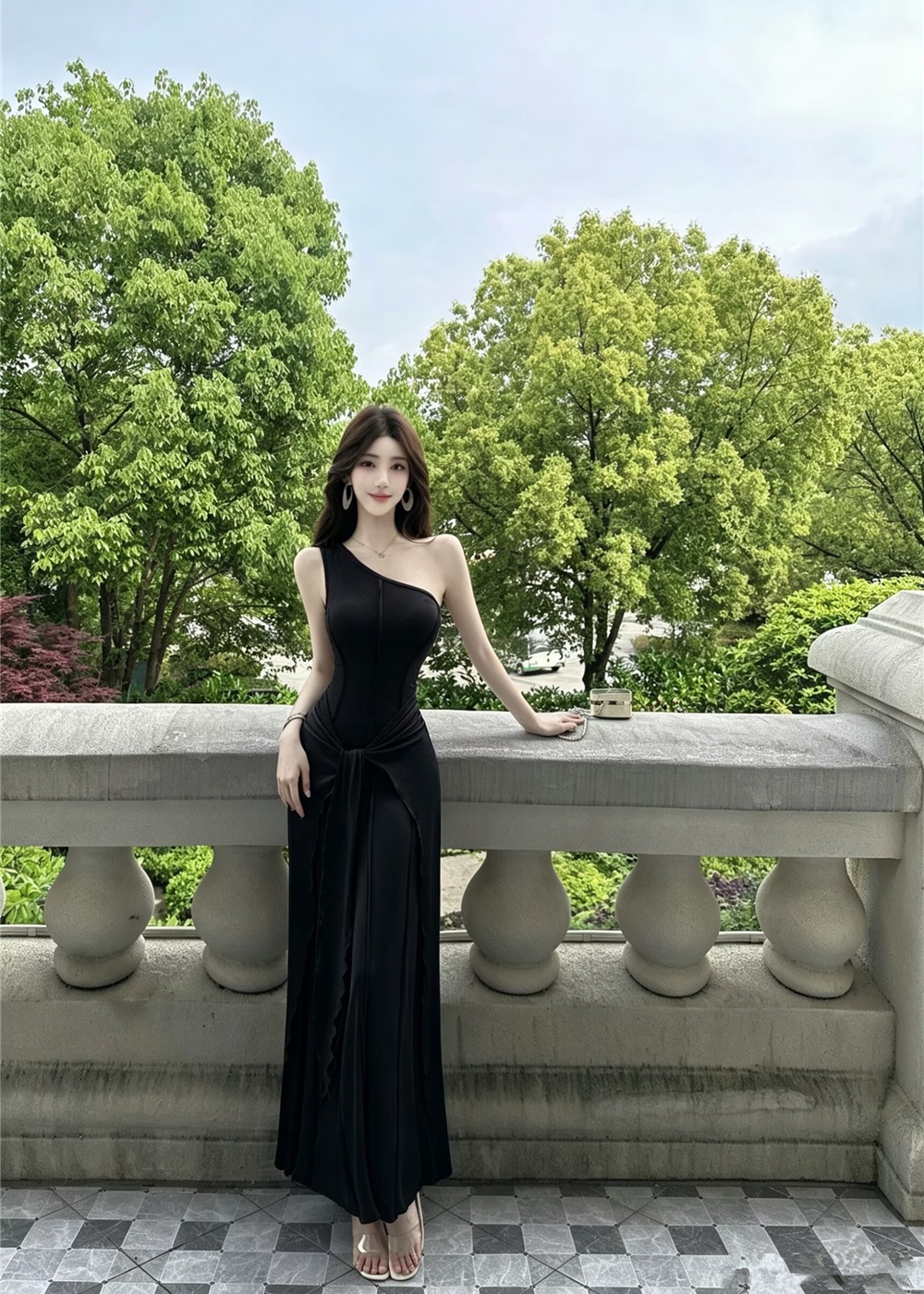Temperament sloping shoulder vest Pseudo-two package hip dress