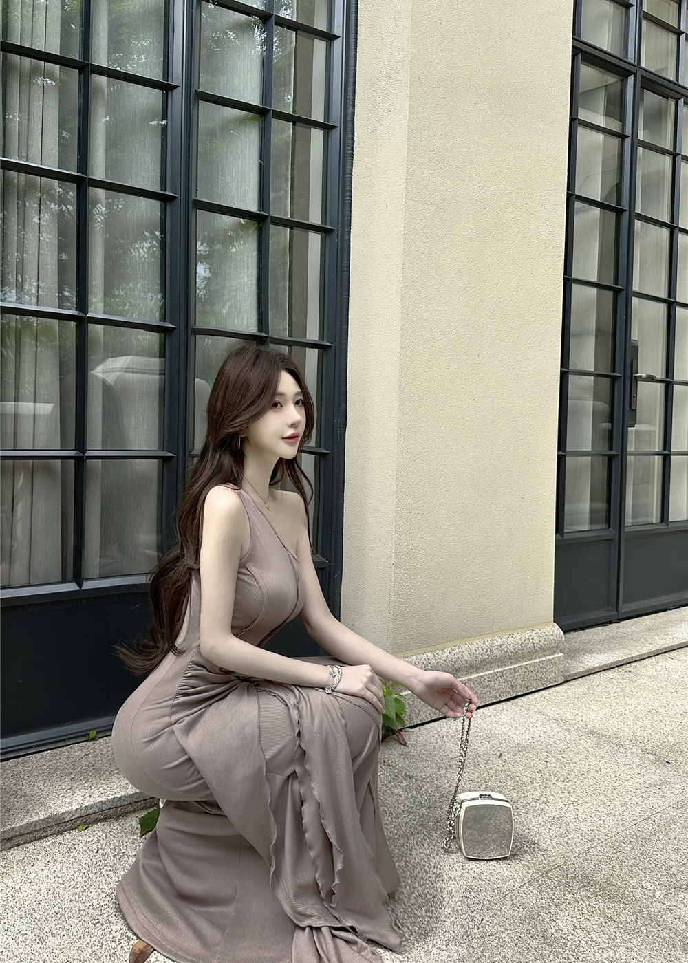 Temperament sloping shoulder vest Pseudo-two package hip dress