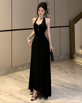 Hollow pinched waist V-neck black temperament summer dress