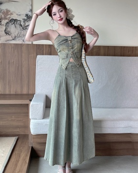 Denim tops European style long skirt 2pcs set