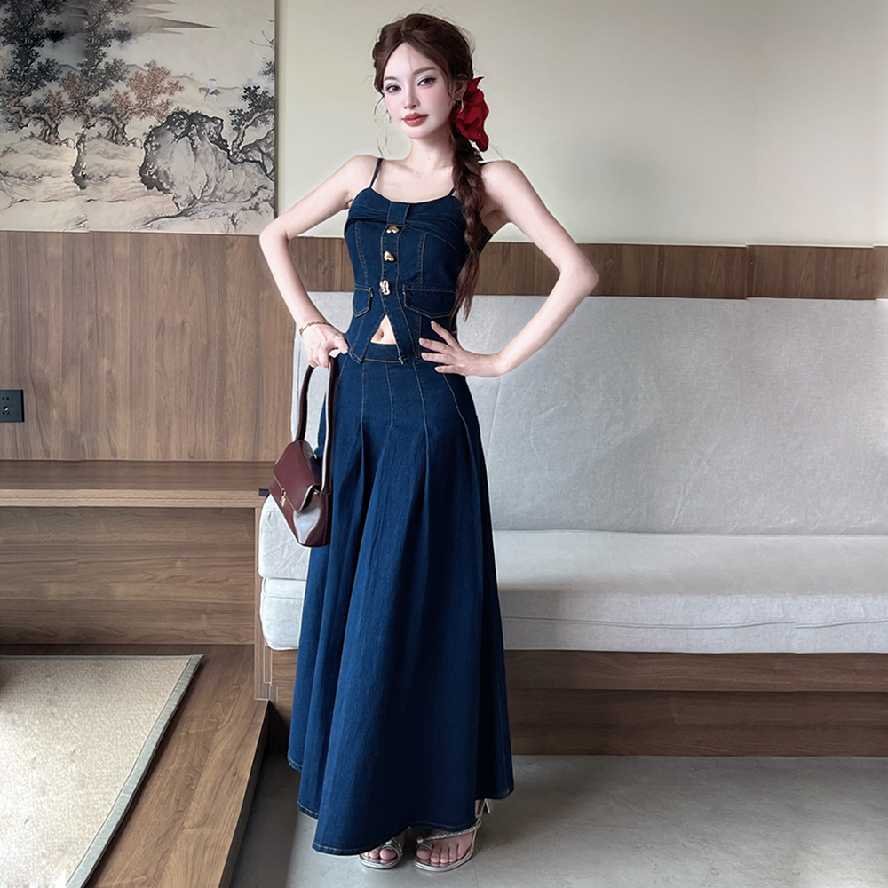 Denim tops European style long skirt 2pcs set