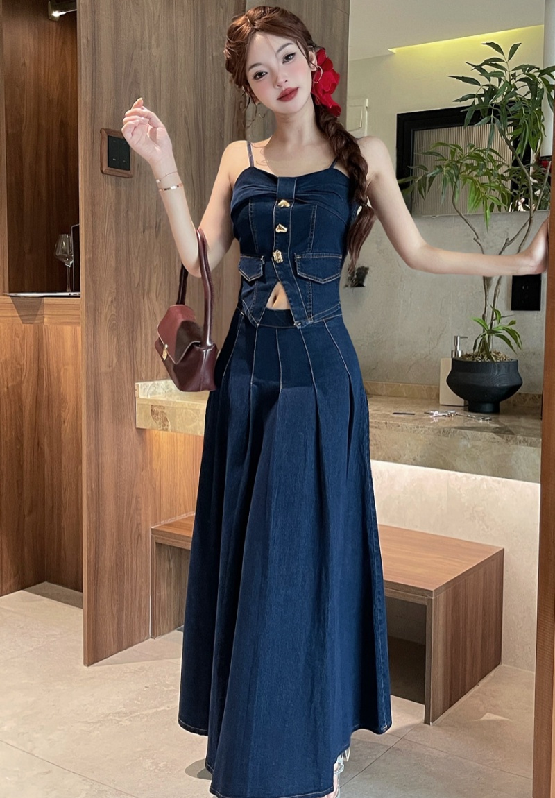 Denim tops European style long skirt 2pcs set