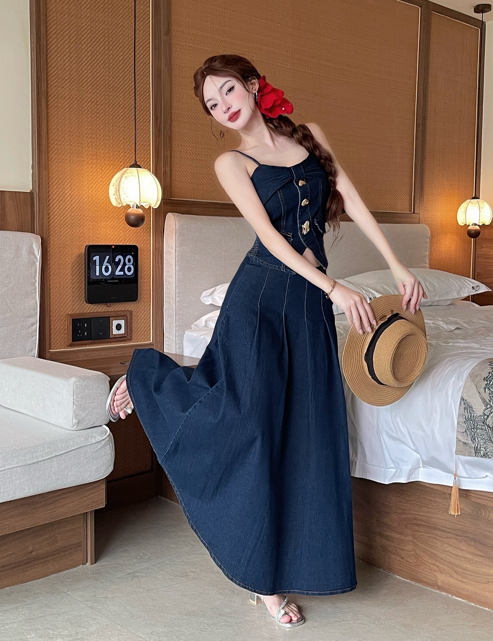 Denim tops European style long skirt 2pcs set