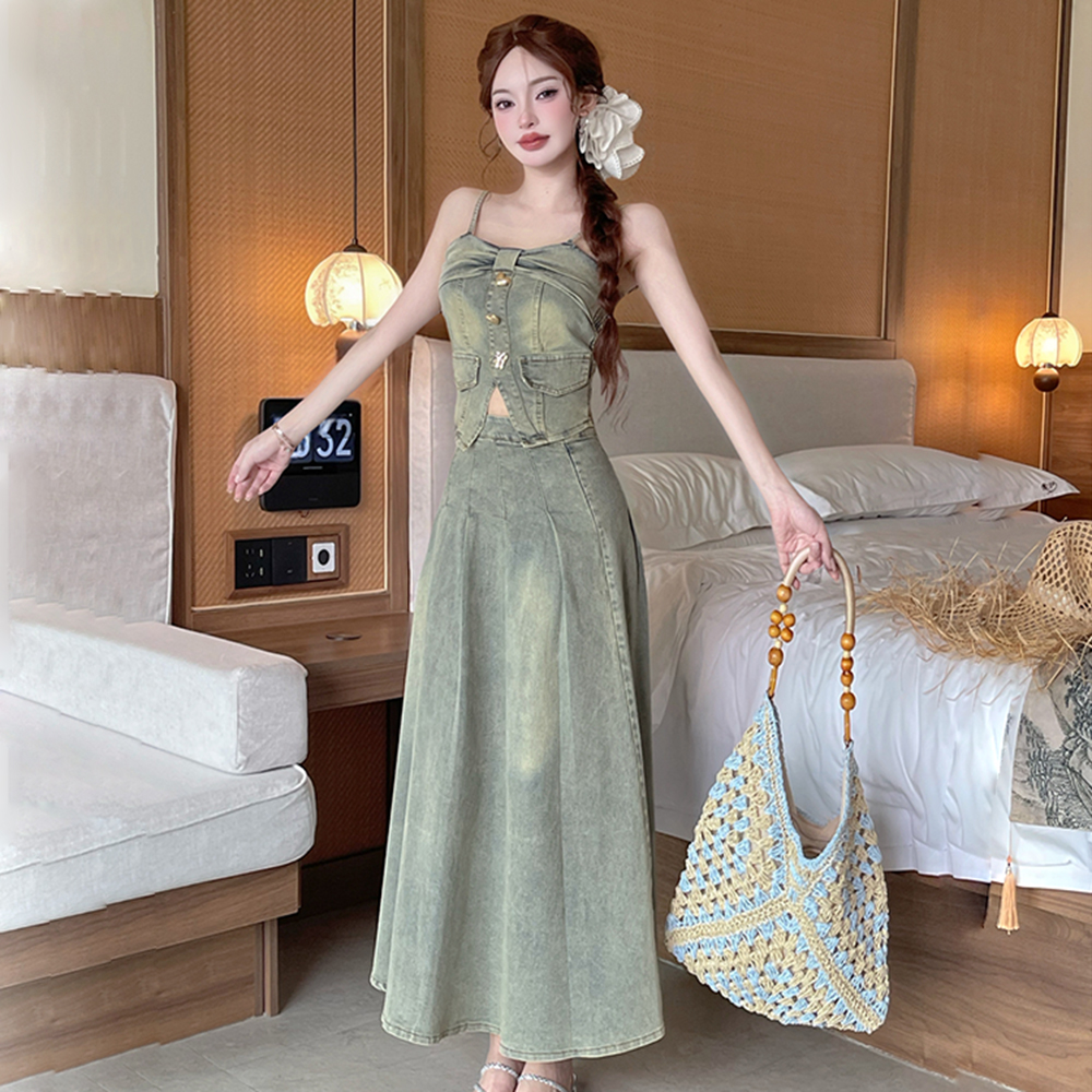 Denim tops European style long skirt 2pcs set