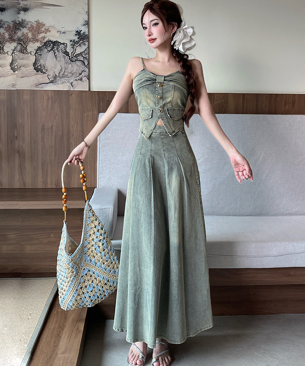 Denim tops European style long skirt 2pcs set