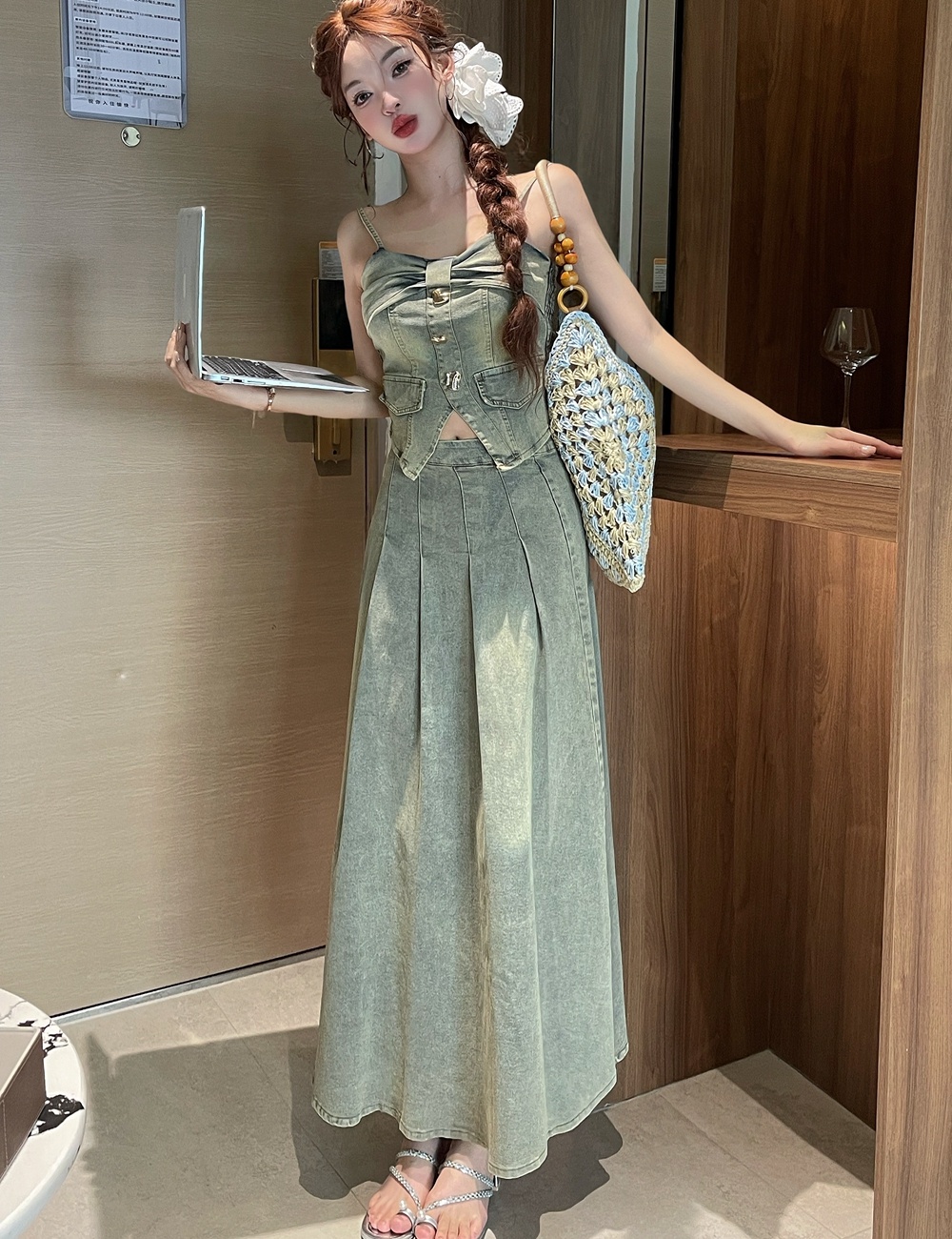 Denim tops European style long skirt 2pcs set