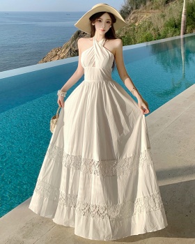 Sling halter long dress lace splice dress for women