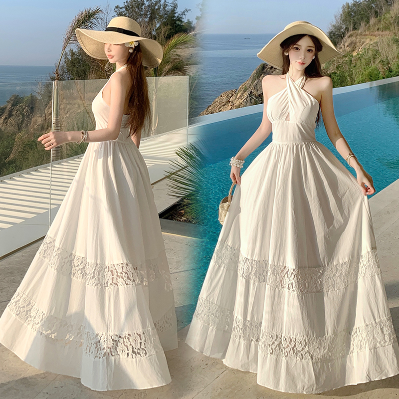 Sling halter long dress lace splice dress for women