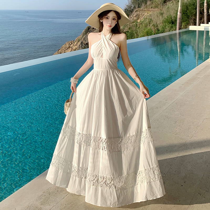 Sling halter long dress lace splice dress for women