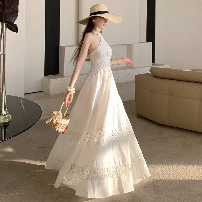 Sling halter long dress lace splice dress for women