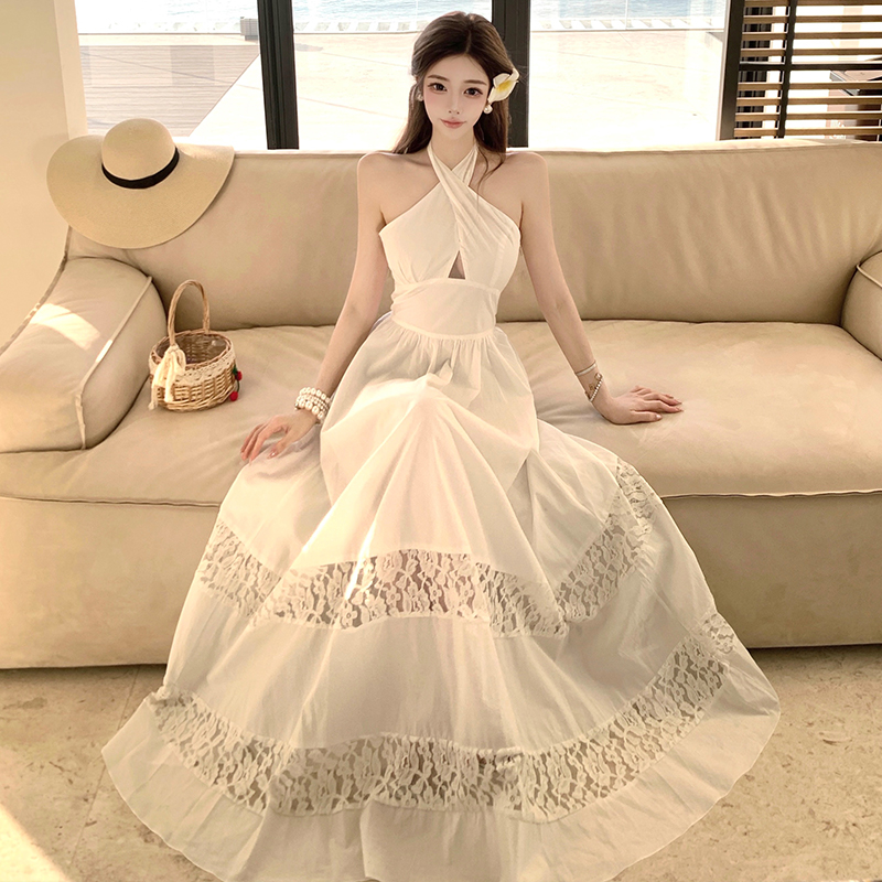 Sling halter long dress lace splice dress for women