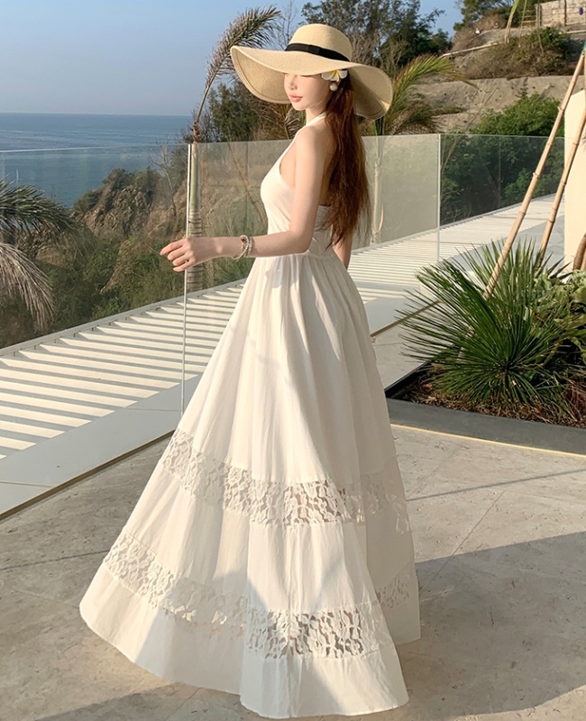 Sling halter long dress lace splice dress for women