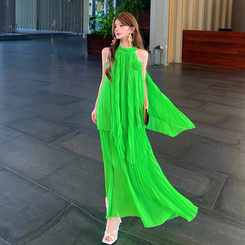 Green beautiful long skirt France style dress 2pcs set