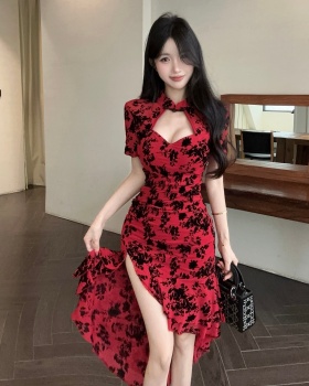 Chinese style flocking dress irregular cheongsam
