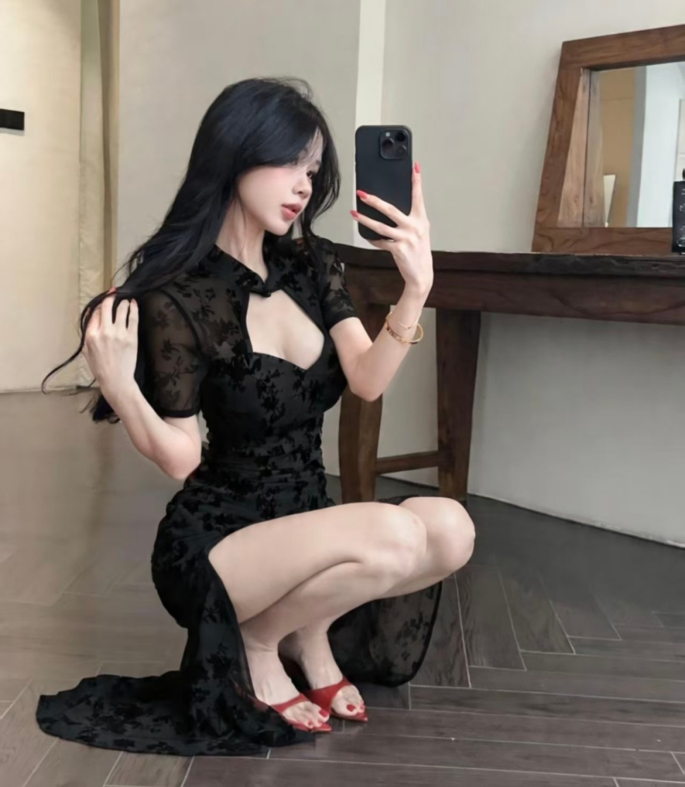 Chinese style flocking dress irregular cheongsam