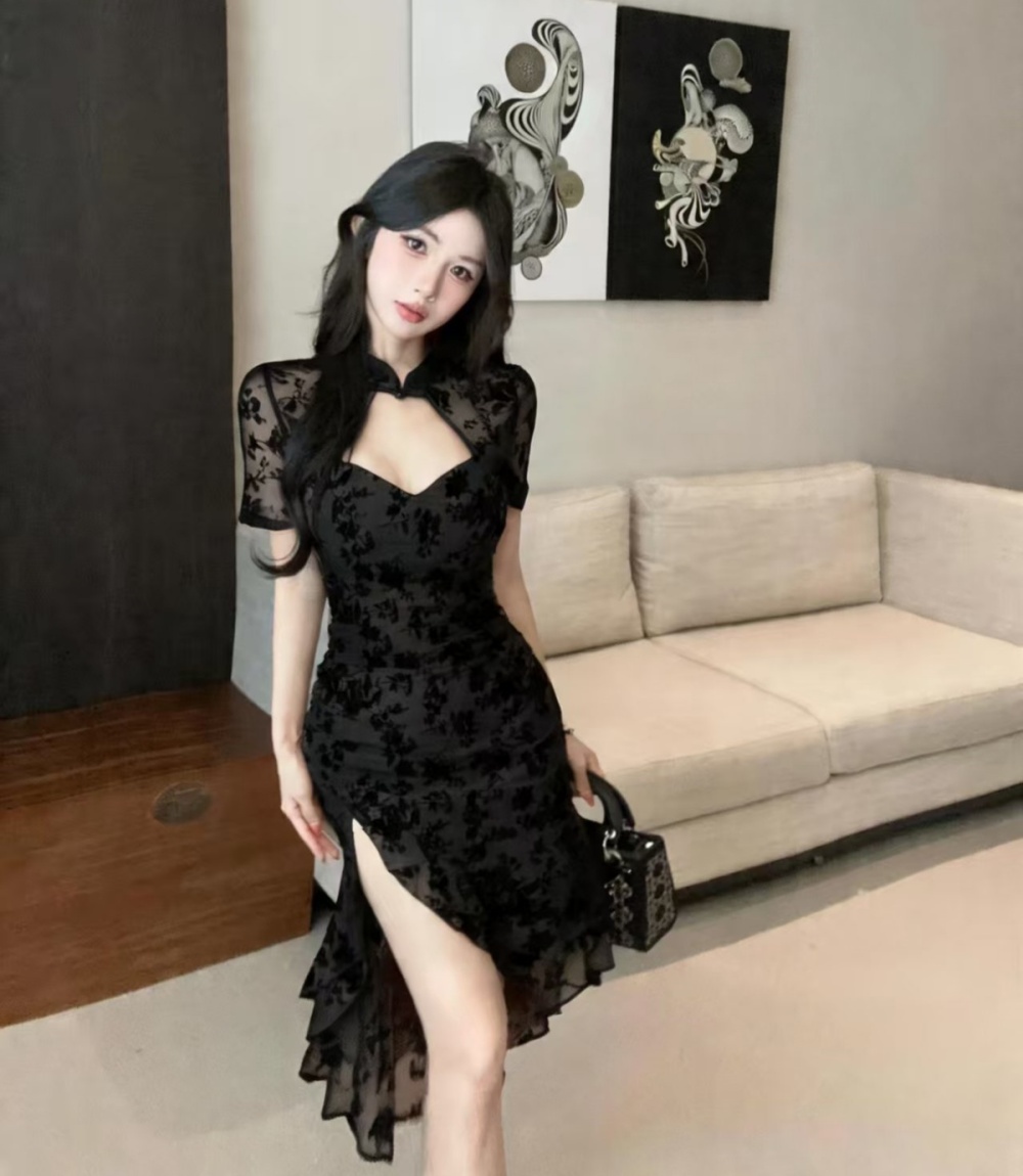 Chinese style flocking dress irregular cheongsam