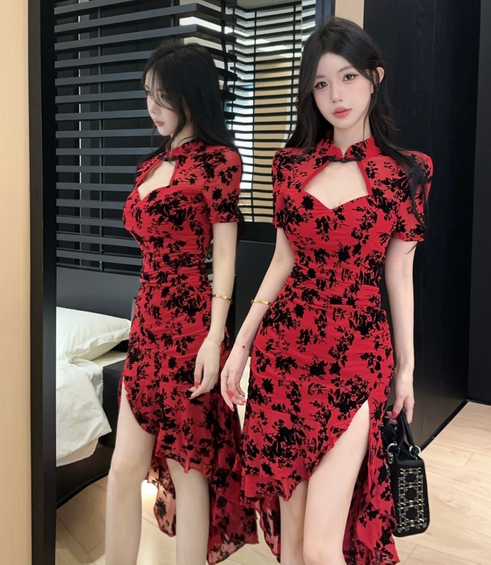 Chinese style flocking dress irregular cheongsam