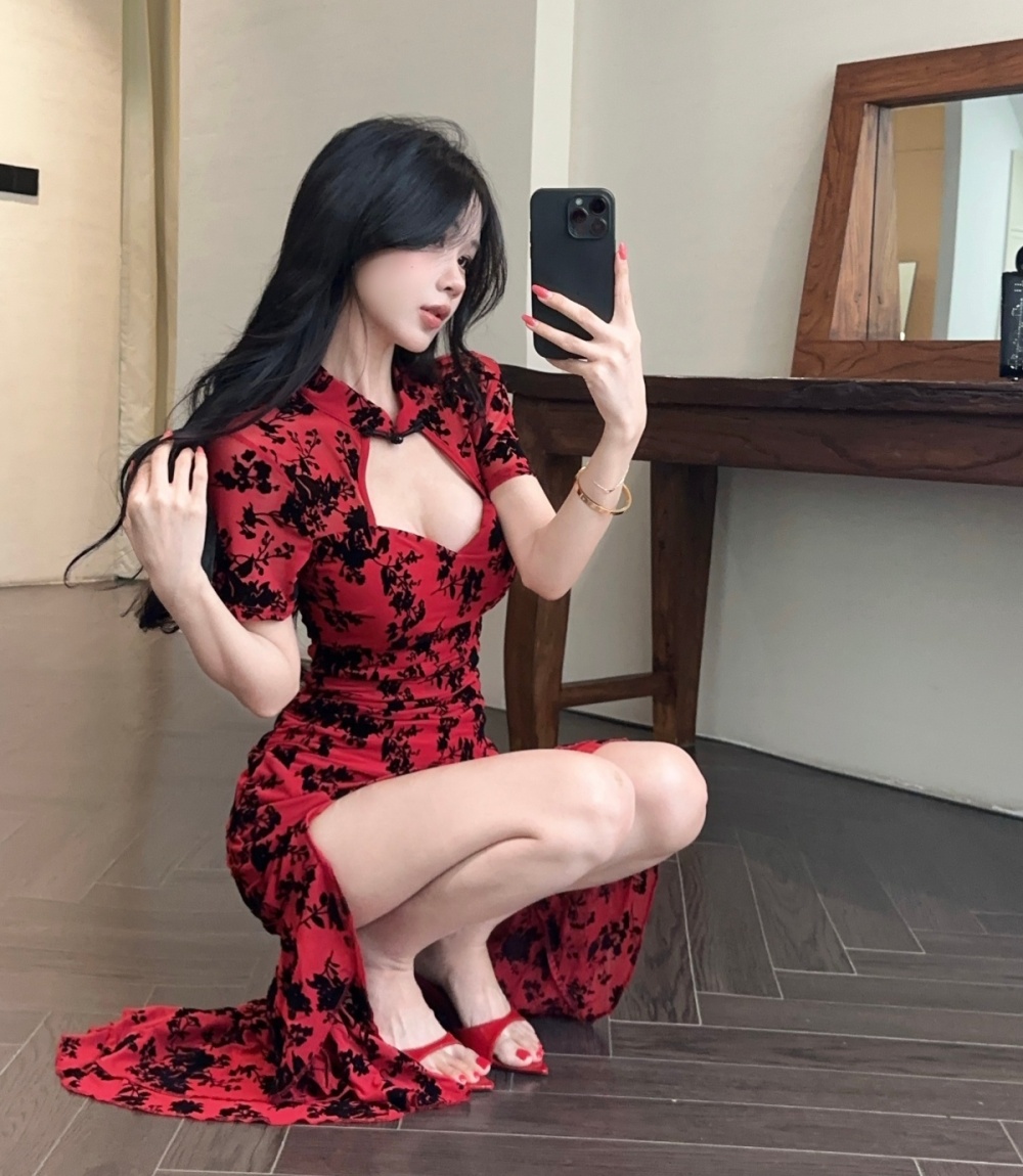 Chinese style flocking dress irregular cheongsam