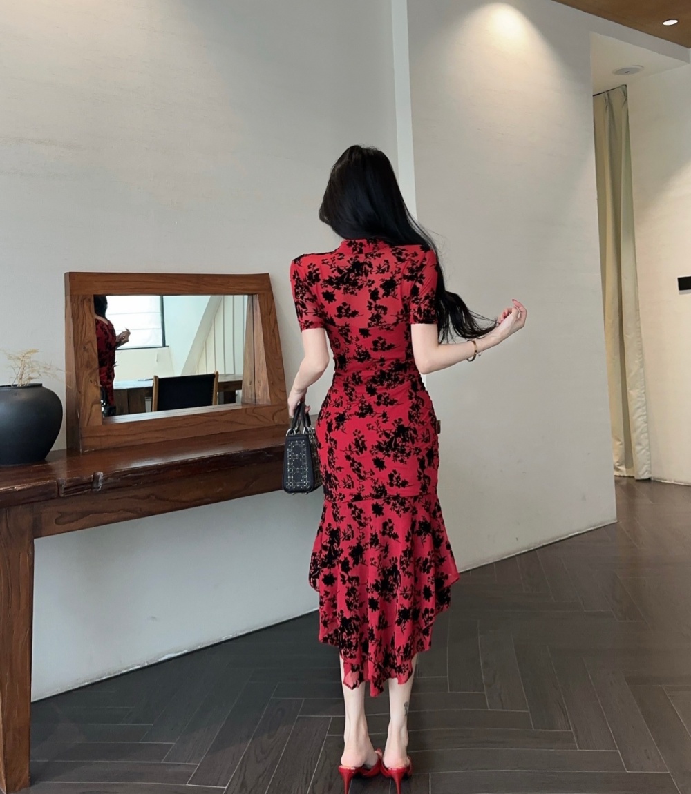Chinese style flocking dress irregular cheongsam