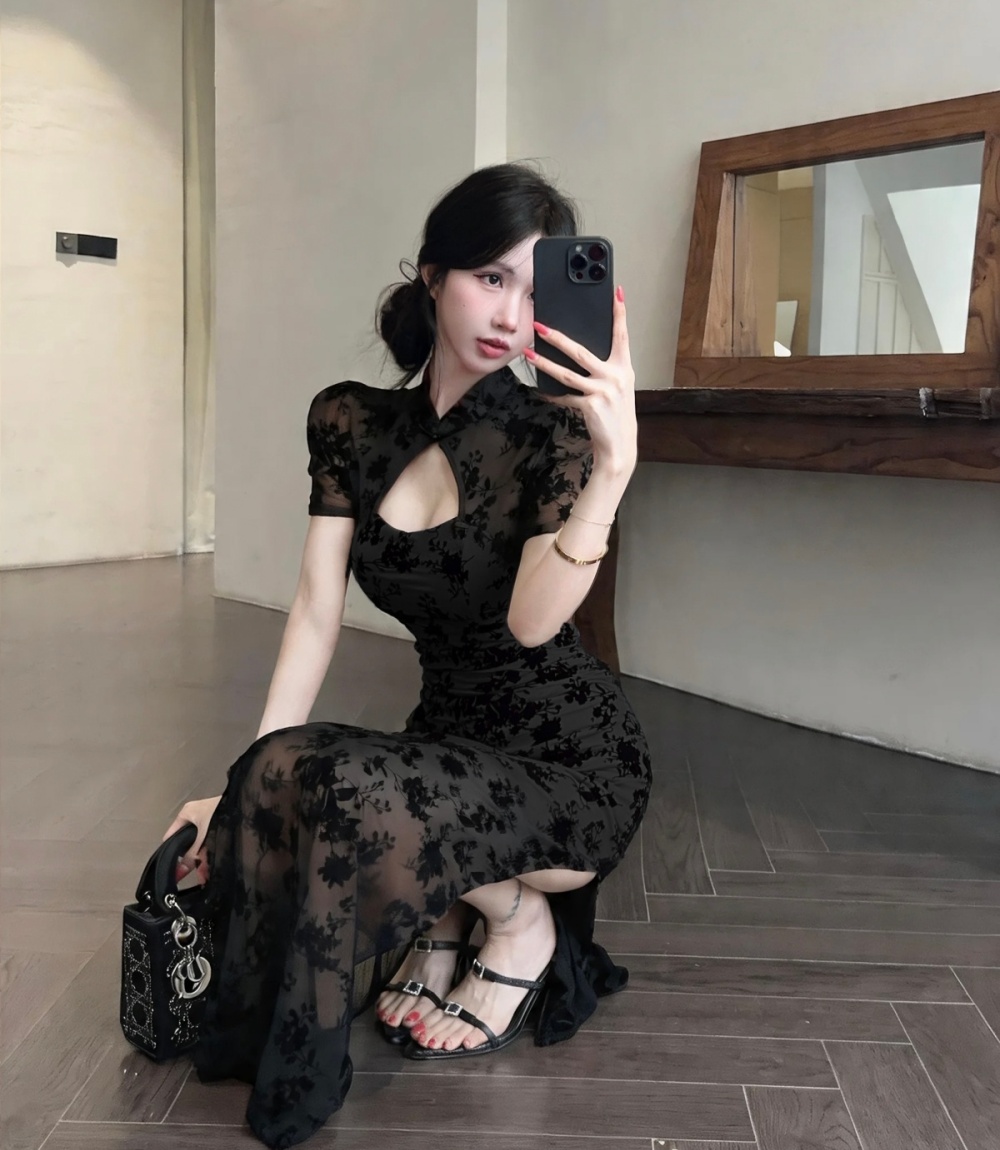 Printing slim sexy cheongsam split package hip dress