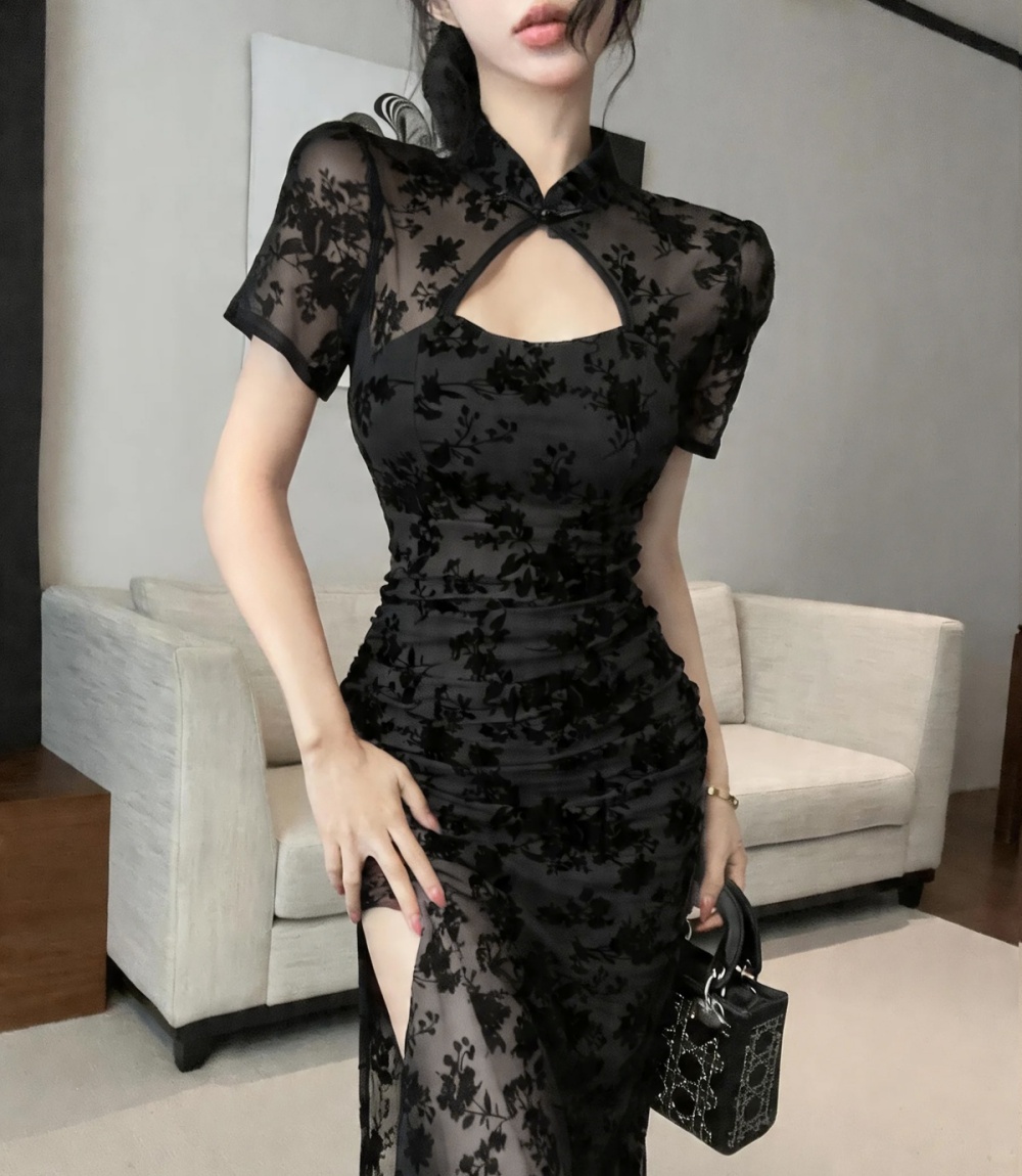 Printing slim sexy cheongsam split package hip dress