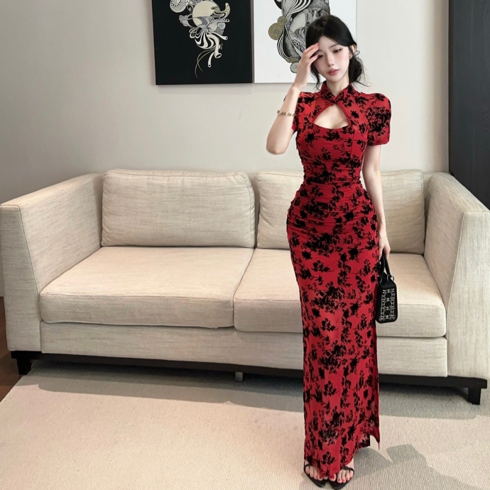 Printing slim sexy cheongsam split package hip dress