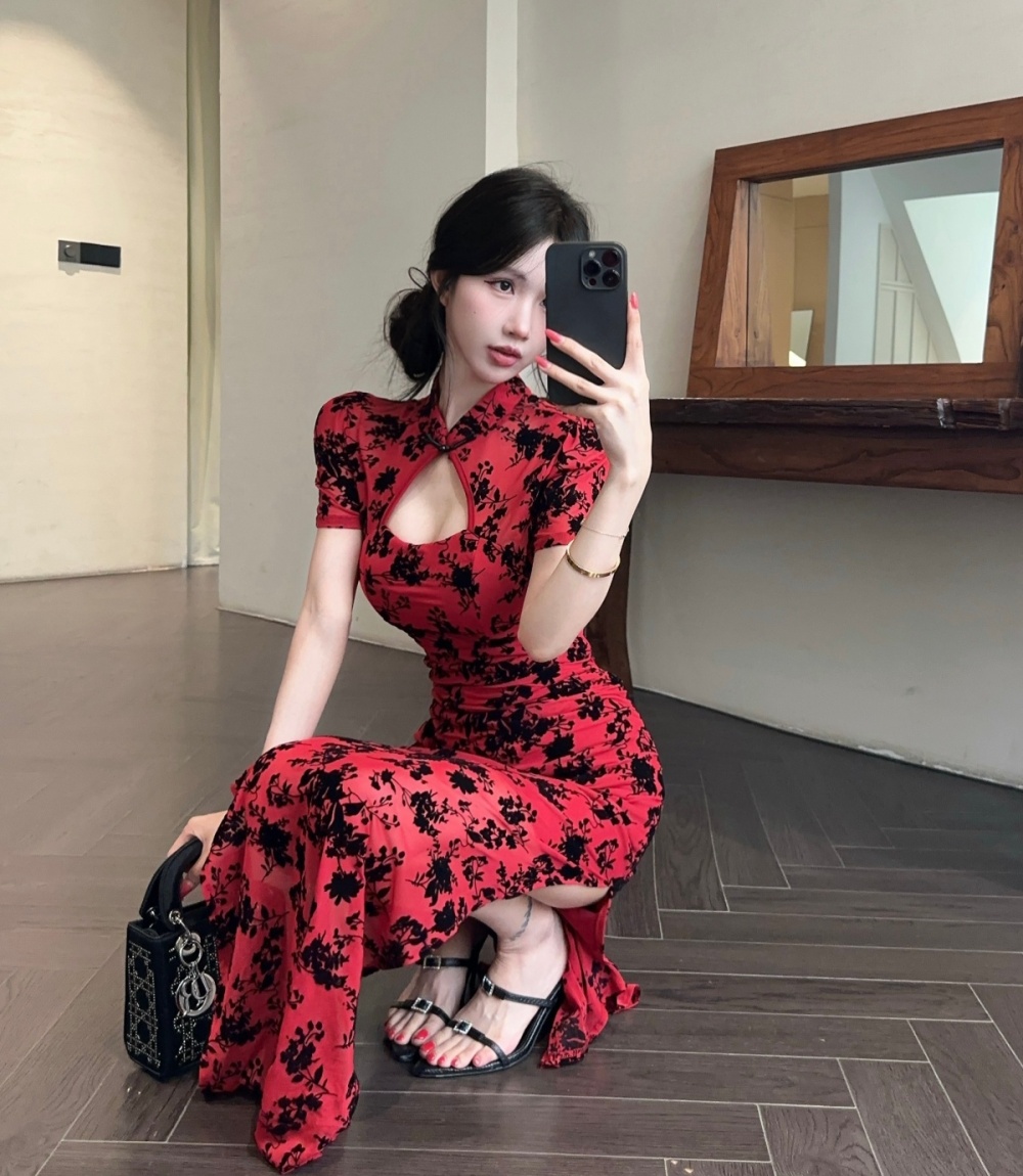 Printing slim sexy cheongsam split package hip dress