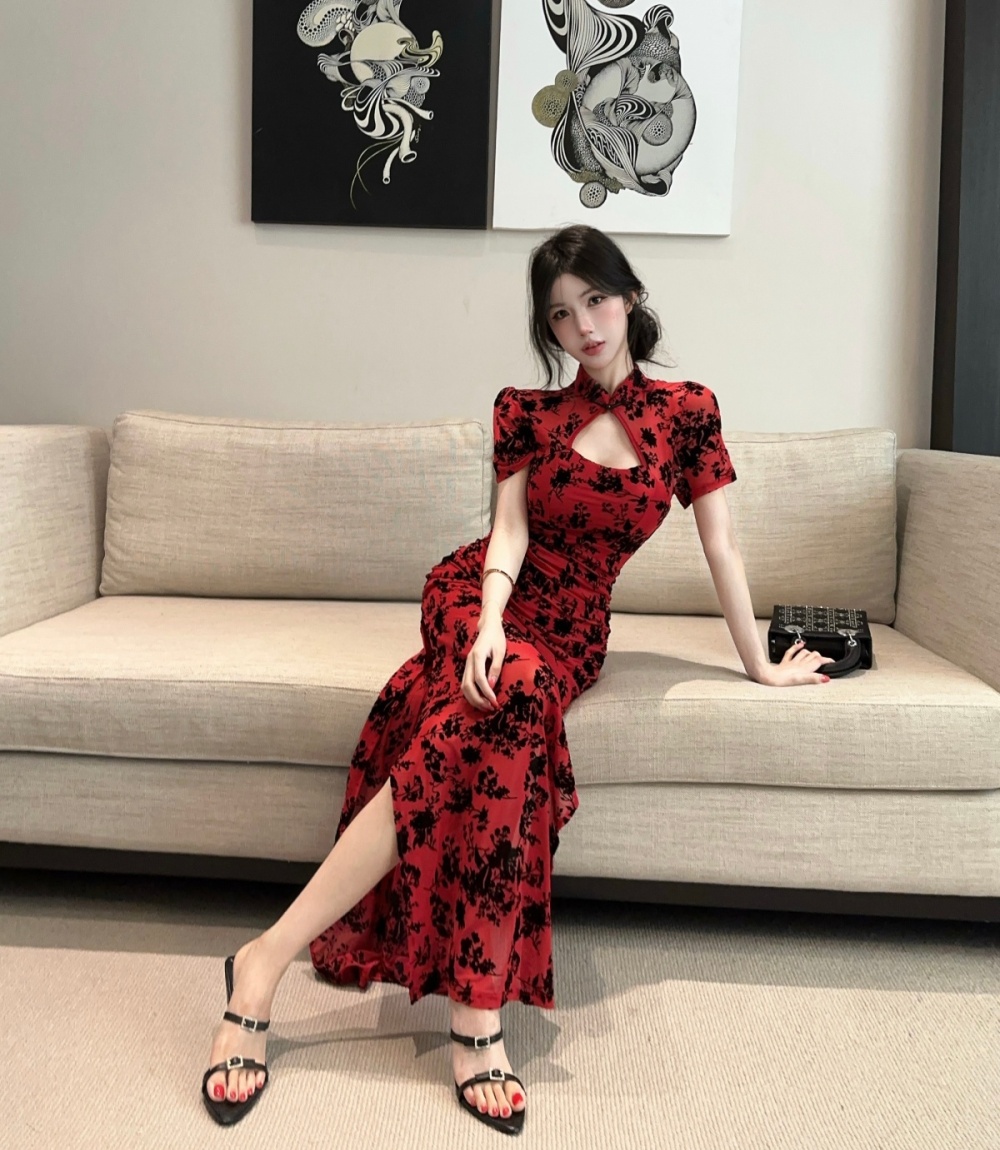Printing slim sexy cheongsam split package hip dress