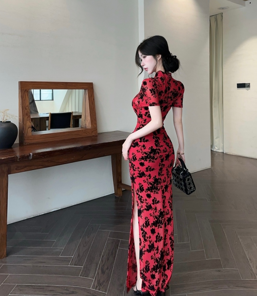 Printing slim sexy cheongsam split package hip dress
