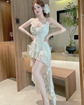 Dovetail irregular strap dress stereoscopic lace dress