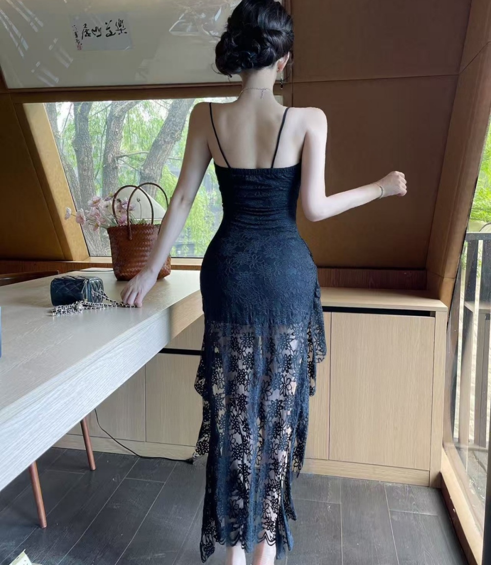 Dovetail irregular strap dress stereoscopic lace dress