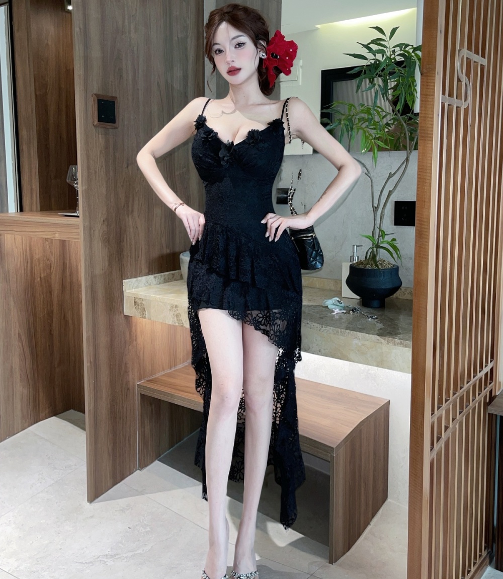 Dovetail irregular strap dress stereoscopic lace dress