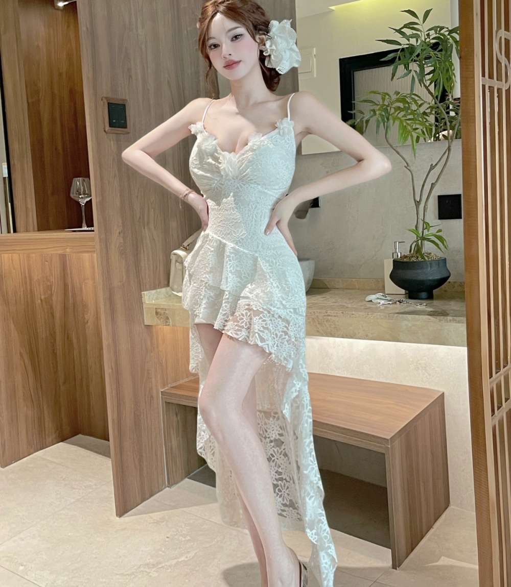 Dovetail irregular strap dress stereoscopic lace dress