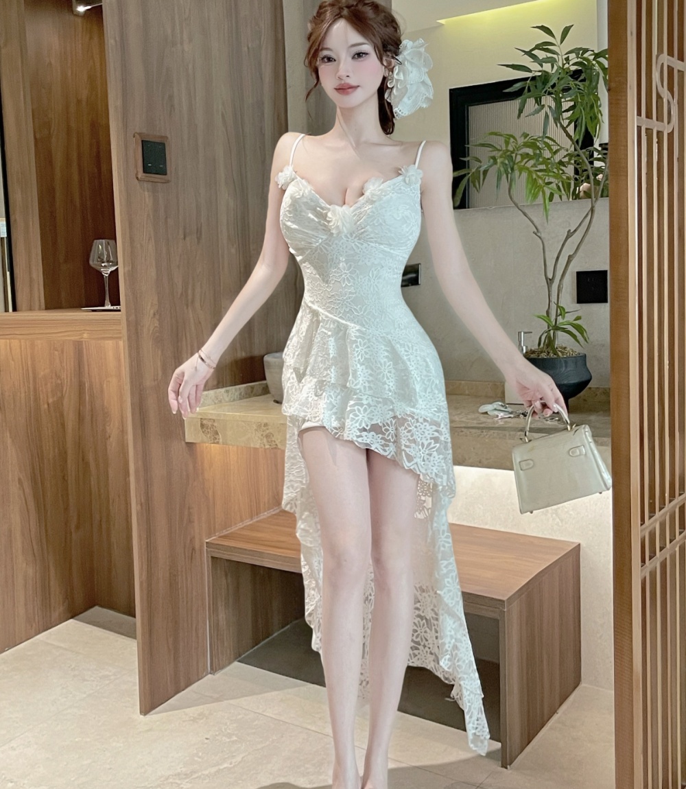 Dovetail irregular strap dress stereoscopic lace dress